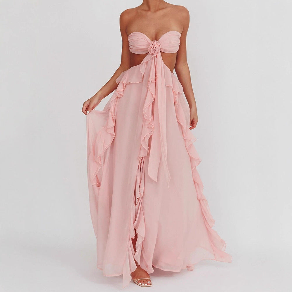 Spring and Summer New Sexy Lace-Up Strapless Backless Lace-Up Ruffle Long Dress Women's Fashion