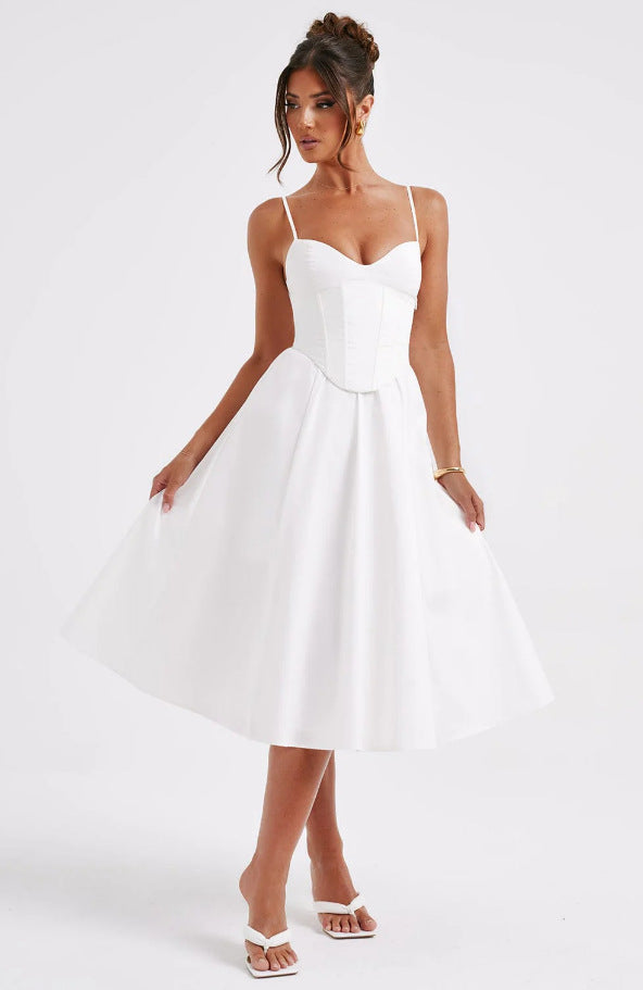 French Retro Solid Color Sleeveless Fishbone Dress2024Winter New Fresh and Elegant V Collared Waist-Cinching Mid-Length Skirt