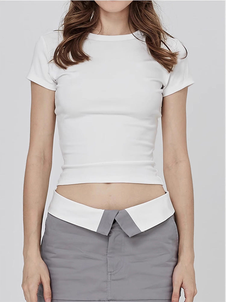 Custom Celebrity Straight Shoulder SKIMS Skin-friendly Kendall Jenner Style Short Sleeve t Women's Summer American Style Pure Desire Slim Fit Versatile Short Top