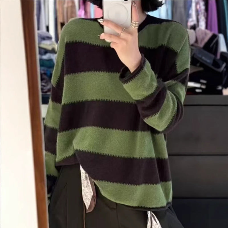 High-Quality Wool Fleece Feel Color-Block Crew Neck Sweater Loose Knitwear Wool Sweater for Women Australian Green