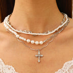 Celebrity Style Jewelry Niche Design Hot Girl Imitation Pearl Tassel Heart Cross Butterfly Versatile Necklace for Women