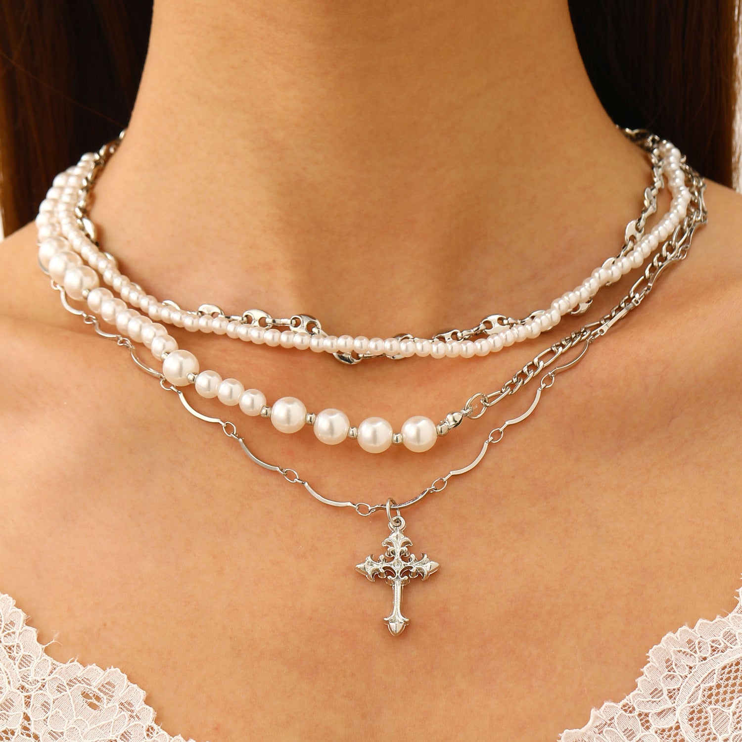 Celebrity Style Jewelry Niche Design Hot Girl Imitation Pearl Tassel Heart Cross Butterfly Versatile Necklace for Women