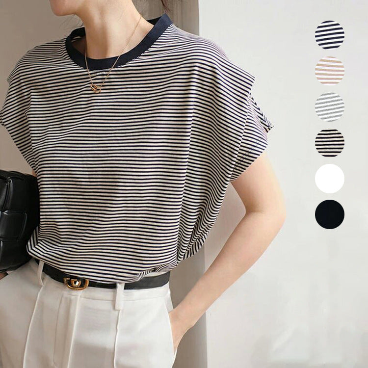 Star Custom Japanese Style New Model Lotte8Color Summer Stripes T Women's Cotton Loose Batwing Sleeve Knitted Top