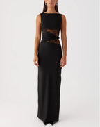 G25D047-2025Elegant Black Long Dress Slim Lace Stitching Drooping Slimming Premium Transparent