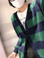 BM Style Retro College Style V-Neck Green Striped Loose BM Knitted Sweater Cardigan Coat for Women