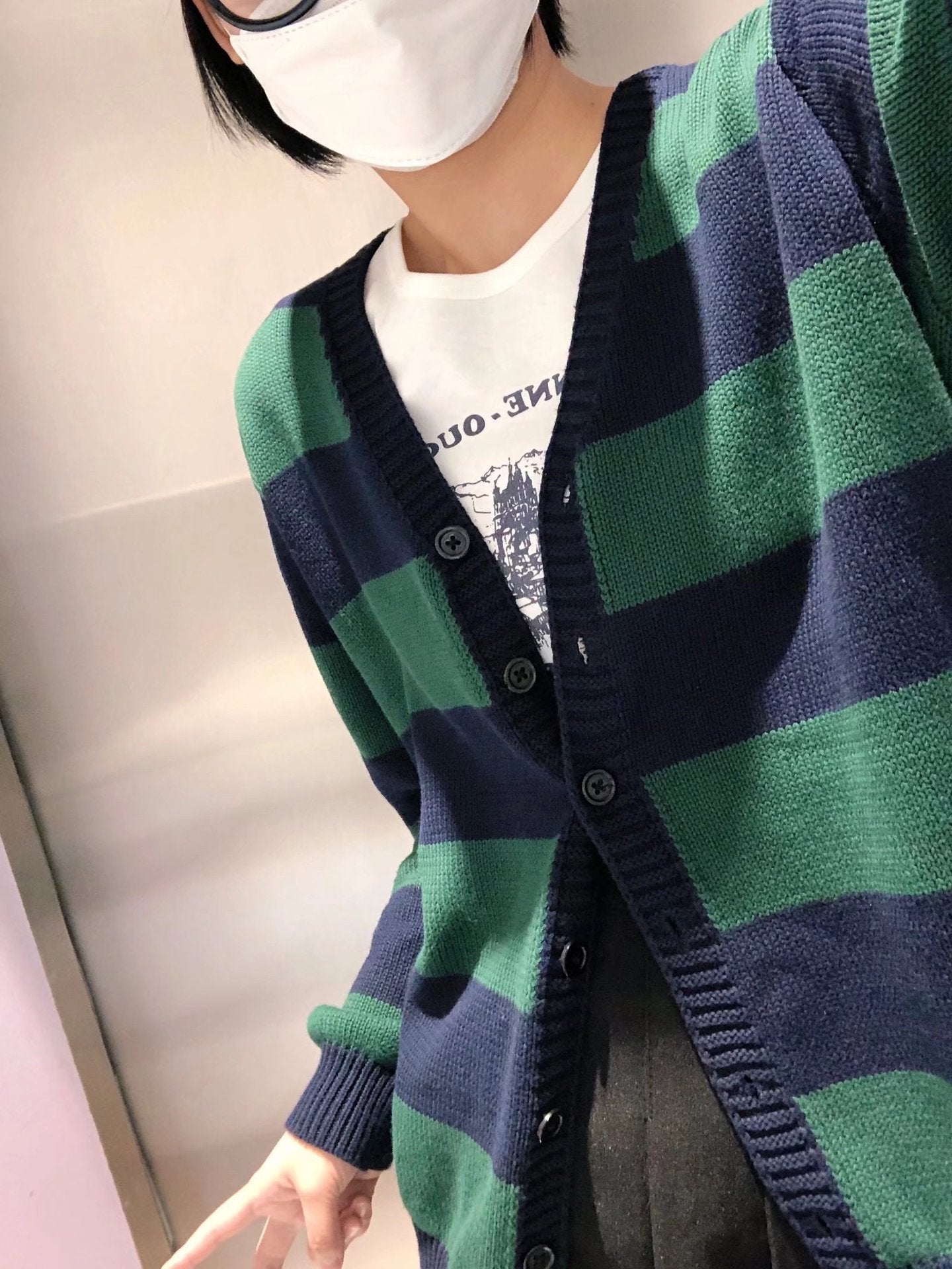 BM Style Retro College Style V-Neck Green Striped Loose BM Knitted Sweater Cardigan Coat for Women