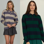 New Retro Striped Polo Shirt Sweatshirt Autumn and Winter New Loose Style Long Sleeve College Style Top