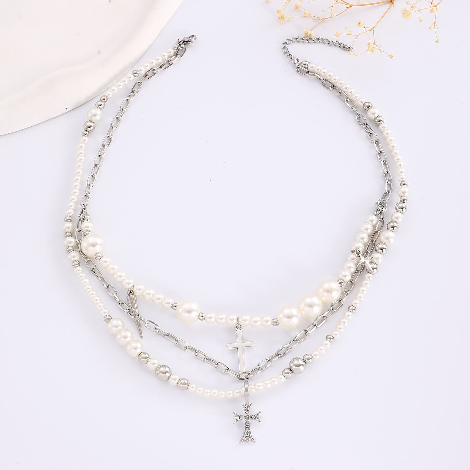 Celebrity Style Jewelry Niche Design Hot Girl Imitation Pearl Tassel Heart Cross Butterfly Versatile Necklace for Women