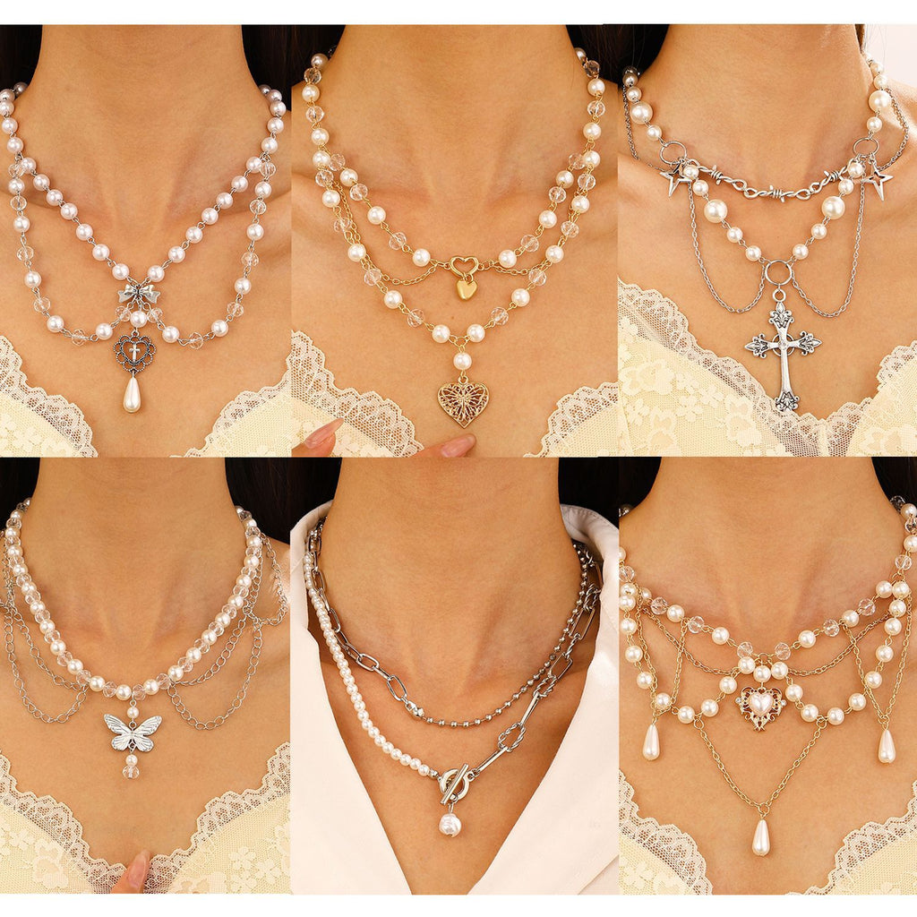 Celebrity Style Jewelry Niche Design Hot Girl Imitation Pearl Tassel Heart Cross Butterfly Versatile Necklace for Women