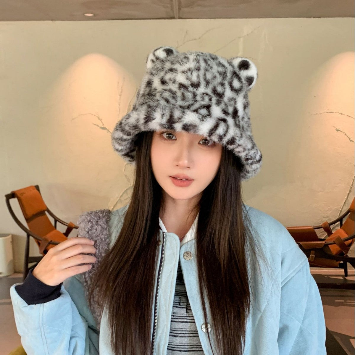 New Korean Style Casual Hat for Women Winter Cute Leopard Print Plush Fisherman Hat Korean Style Warm Versatile Student Bucket Hat