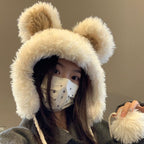 Women's Hat2024New Fluffy Cute Bear Thickened Warm Hat for Autumn and Winter, Big Head Circumference, Face Slimming Pullover Hat