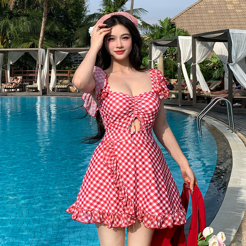 Custom Celebrity Design2025New Korean Niche Pure Desire Style Red Plaid Slimming Covering Body Conservative Beach Hot Spring One-Piece Swimsuit for Women