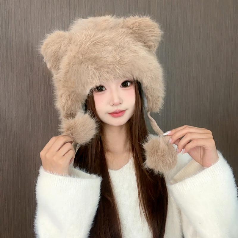 Little Bear Ear Protection Hat for Women, Autumn and Winter Warmth, Thickened with Fleece2025New Plush Cute Lei Feng Hat