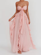 Spring and Summer New Sexy Lace-Up Strapless Backless Lace-Up Ruffle Long Dress Women's Fashion