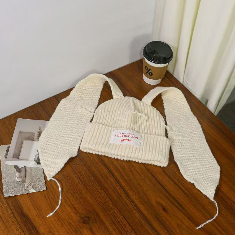 Korean Style Sweet Cute Cat Ear Knitted Hat for Women, Autumn and Winter Warm Ear Protection with Letter Patch, Versatile Knit Hat