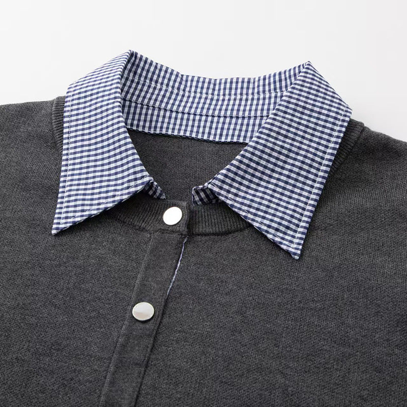 Custom Celebrity Design2025Autumn New Versatile Loose Fit Shirt Collar Plaid Patchwork Fake Two-Piece Knitted Sweater for Women 1EDF4173