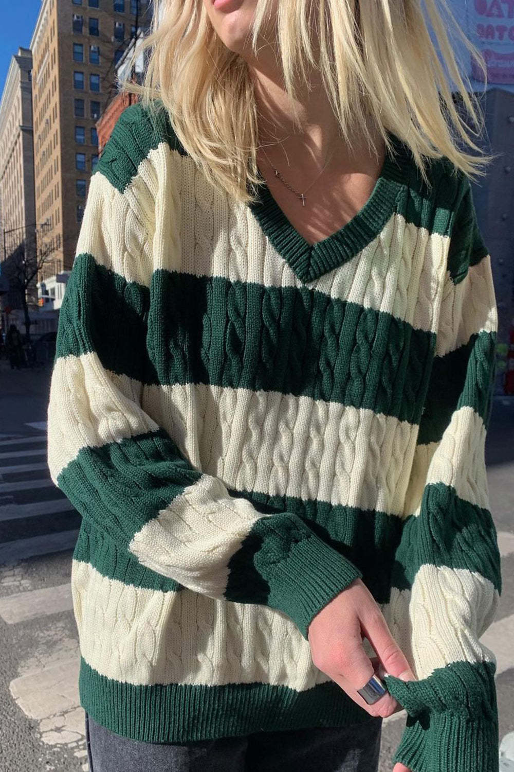 "Library Crush" Oversized Cable Knit - Preppy Striped Pullover