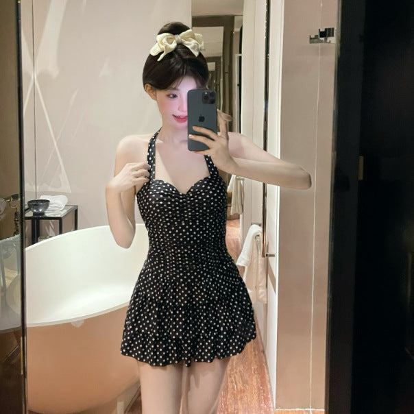 South Korea ins Vintage Classic Wave Balloon Cake Skirt Style Slimming One-Piece Swimsuit for Women with Small and Large Busts