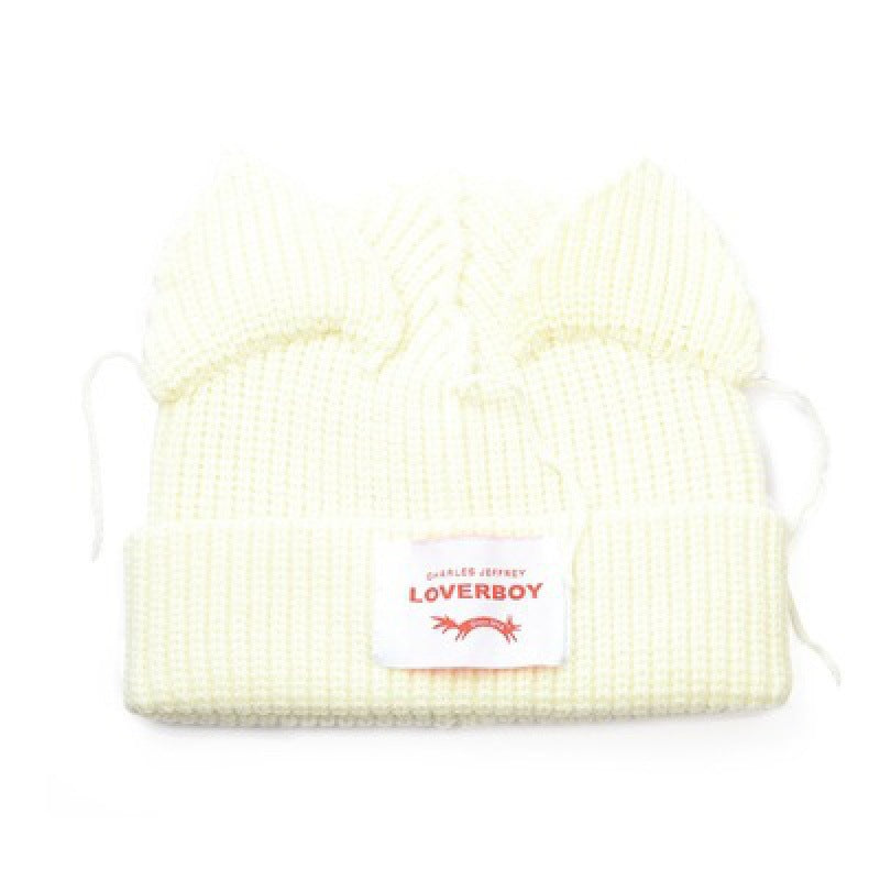 Winter Hat for Women Korean Style Knitted Cat Ear Hip-Hop Beanie Personalized Letter Warm Pullover Hat Internet Celebrity Same Style
