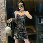 Sequin Strap Dress Little Black Dress Nightclub Black Slimming Sexy Disco Women's Short Dress Party Gathering Dress