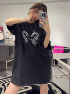 100%100% Cotton Fashion Trendy Brand Short Sleeve t Korean Style Women's Loose Hong Kong Style Heavy Rhinestone Slimming Half Sleeve Top