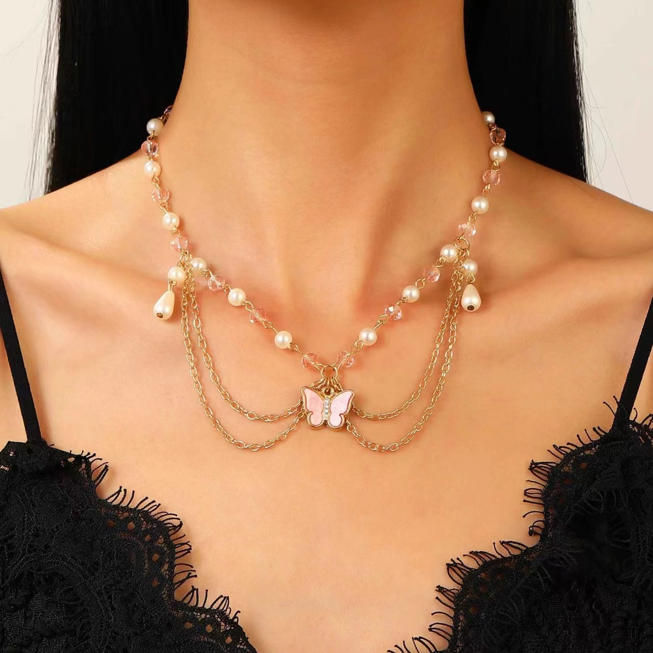 Celebrity Style Jewelry Niche Design Hot Girl Imitation Pearl Tassel Heart Cross Butterfly Versatile Necklace for Women