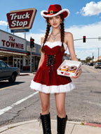 Red Fluffy Christmas Sexy Dress Red Cowboy Hat Pure Desire Set Santa Claus Costume