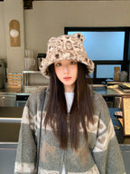 New Korean Style Casual Hat for Women Winter Cute Leopard Print Plush Fisherman Hat Korean Style Warm Versatile Student Bucket Hat