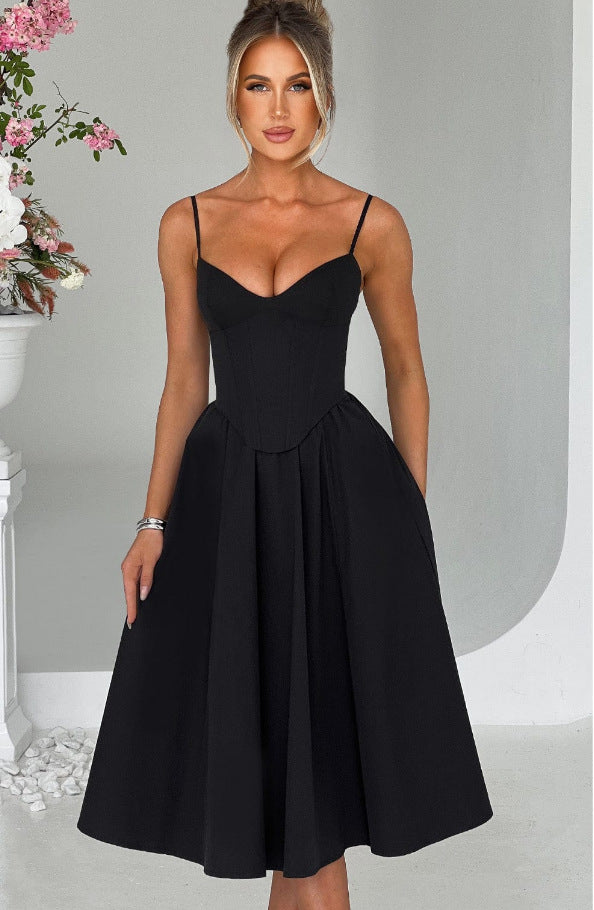 French Retro Solid Color Sleeveless Fishbone Dress2024Winter New Fresh and Elegant V Collared Waist-Cinching Mid-Length Skirt