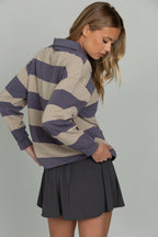 New Retro Striped Polo Shirt Sweatshirt Autumn and Winter New Loose Style Long Sleeve College Style Top