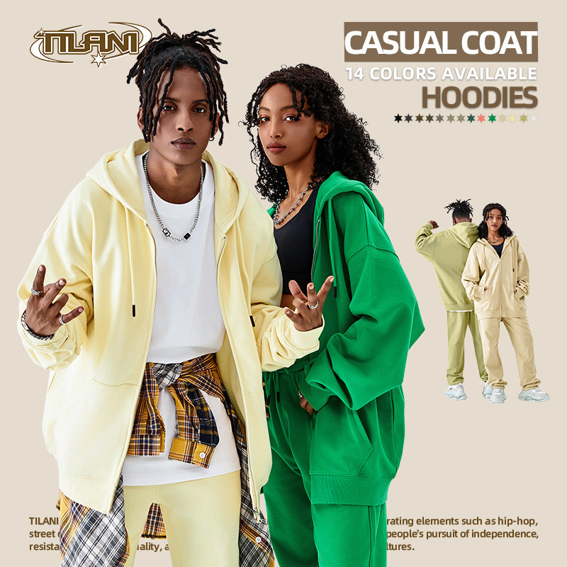 TILANI Men's Fashion Brand Dopamine400G Zipper Jacket Solid Color Unisex Cardigan Hooded Sweatshirt