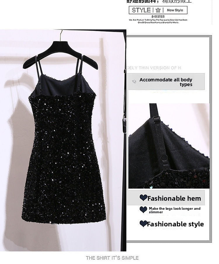 Sequin Strap Dress Little Black Dress Nightclub Black Slimming Sexy Disco Women's Short Dress Party Gathering Dress