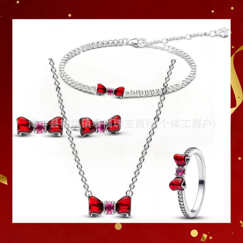 Panjia Silver Plated Hot Selling Product Bow Necklace Ear Stud Ring Bracelet4Set Gift Set Women's All-Matching